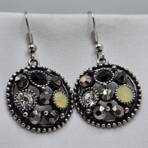 ✨2/$10✨ Round Silver Earrings Black Cluster Crystals Yellow Casual Gift